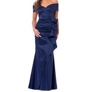 Xscape Navy Blue Off the Shoulder Taffeta Gown
